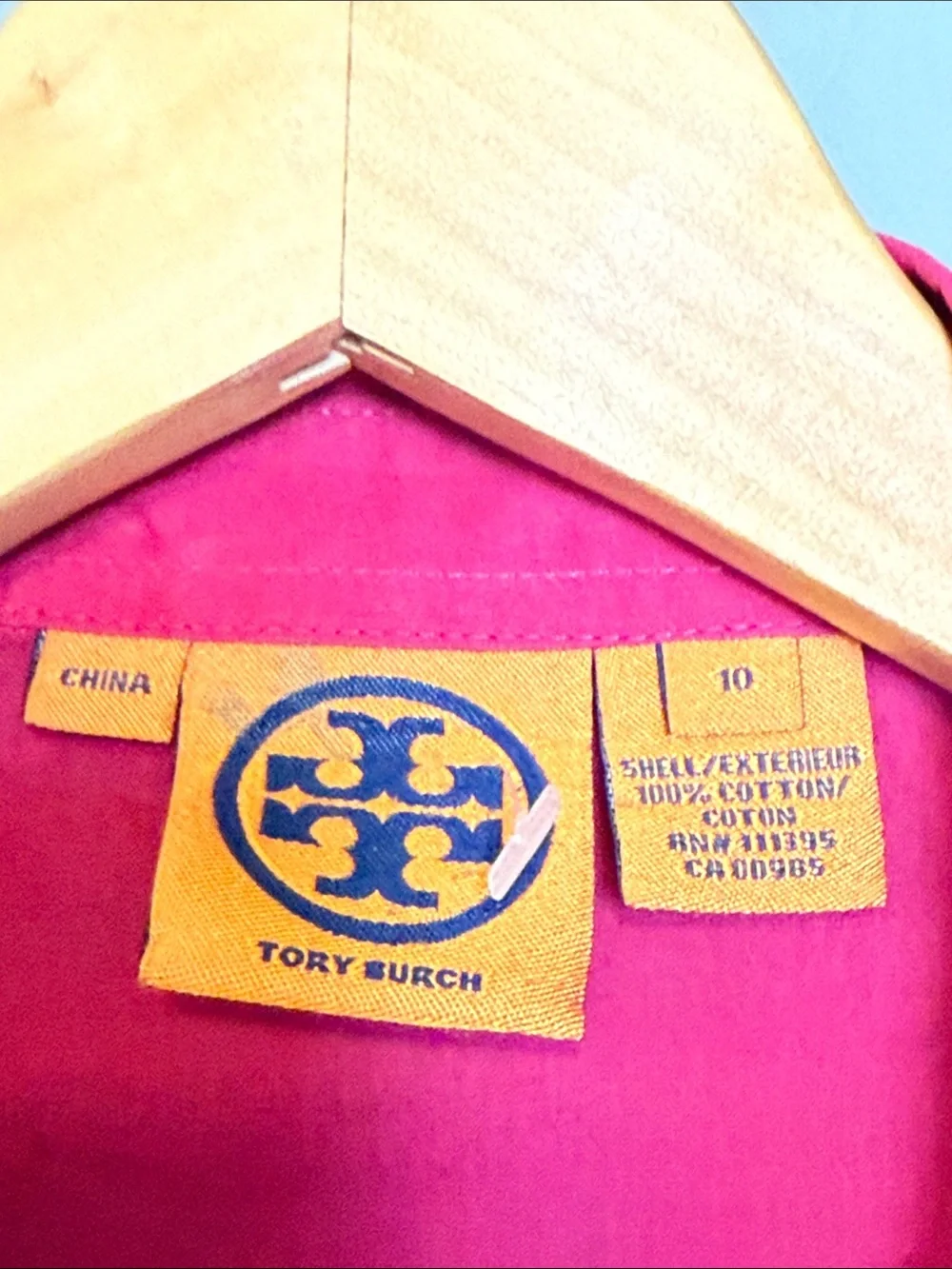 Tory Burch Fuchsia Pink Linen Utility Button Down Shirt Gold Logo Buttons Sz 10